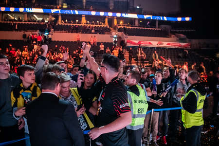 MOSCOW, RUSSIA - 14th SEPTEMBER 2019: esports event of a Counter Strike game. Video games fans cheering for their team during the match.のeditorial素材