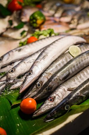 Fresh fish with price tag being sold on a stall at Thailand night market.の写真素材