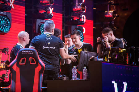 MOSCOW - DECEMBER 23 2019: esports professional gaming event. French winner team Vitality celebrates after the quarter final game.のeditorial素材