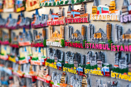 Istanbul - november 2020: Souvenirs with istanbul popular landmarks on colorful magnets, Turkey bazaar.Colorful magnet souvenirs at a souvenir shop.のeditorial素材