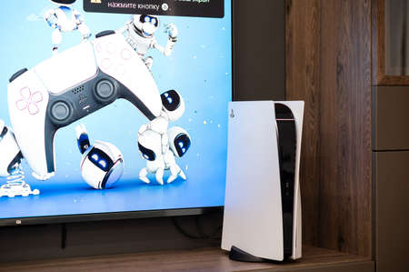 Moscow - November 28 2020: the brand new Sony PlayStation 5 gaming console with DualSense controller...