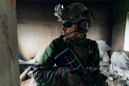 Military men with arms defending the building. Soldier stand guard securing territory looking...