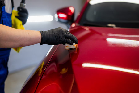 Close-up man applying ceramic coating on the red car at detailing service.の写真素材