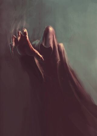 fantasy hooded demon in dark, with reaching hand - painting, fictional characterの写真素材