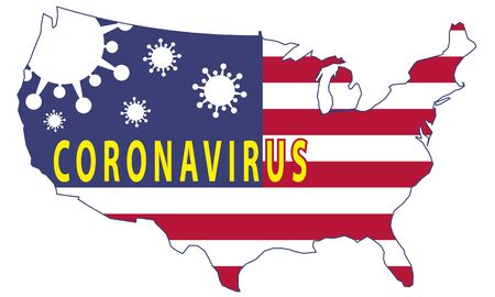 coronavirus in the USA - map of the United States of America with the coronavirus symbol Covid 19 and the inscription "Coronavirus" (vector graphic design)のイラスト素材