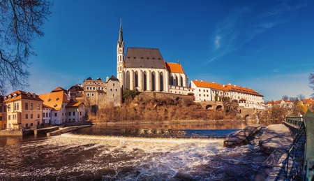 St. Vitus church in Cesky Krumlov (St. Vitus church, Cesky Krumlov), Vltava river in foreground, Czech republicのeditorial素材