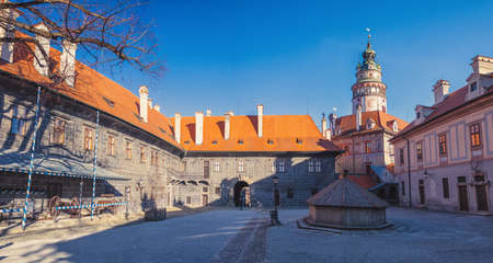 courtyard with castle tower, buildings around, castle in Cesky Krumlov, Czech republicのeditorial素材