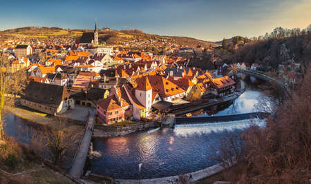 Cityscape panorama of historical city Cesky Krumlov, Czech republic, with st. Vitus Church, Vltava river in foregroundのeditorial素材