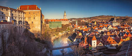 Cesky Krumlov - castle, st. Vitus Church, Vltava river, Czech republicのeditorial素材