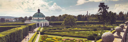 Flower Garden in Kromeriz (UNESCO monument) - Baroque park. Rotunda in the middle of the garden, sdummer day, blue sky with cloudsのeditorial素材