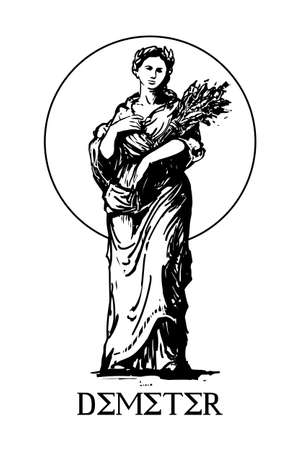 Demeter - goddess of the harvest in ancient Greek religion and mythology, woman with sheaf of grain in hands, vector illustration, white backgroundのイラスト素材