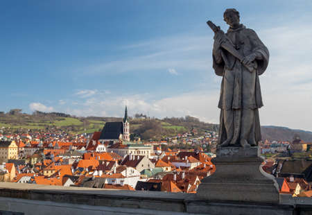 statue on The Cloak Bridge - castle Cesky Krumlov, Czech republicのeditorial素材