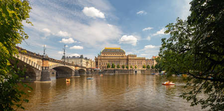 National Theatre building and Legion Bridge, Prague, Czech republic, waterfront view across the river Vltavaのeditorial素材