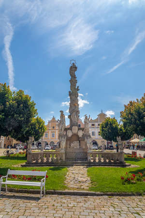 Telc main square - the Marian Plague Column in the Zacharias of Hradec Square in Telc, Czech...