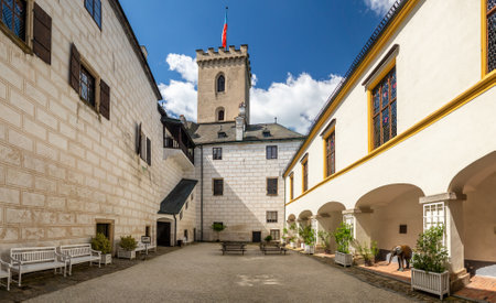 Rozmberk castle courtyard - Rosenberg castle - in South Bohemia, Rozmberk nad Vltavou, Czech Republicのeditorial素材