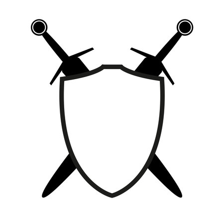shield with two crossed swords icon silhouette, vector illustration of medieval sword isolated on a whiteのイラスト素材