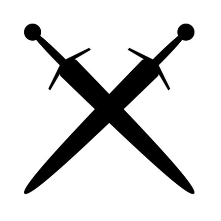 Sword silhouette - two crossed swords, vector illustration of medieval sword isolated on a whiteのイラスト素材