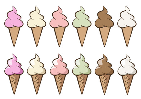 ice cream - set of soft serve ice creams with different flavours in a cone, color vector illustration isolated on whiteのイラスト素材