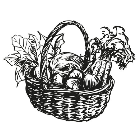 vegetable basket - vegetables in a wicker basket, black and white illustrationのイラスト素材