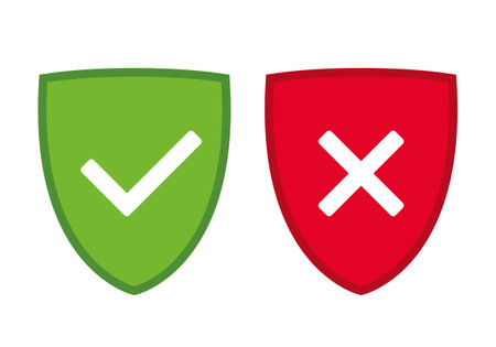 green and red shield with OK check mark and X cross icon symbol, vector illustrationのイラスト素材