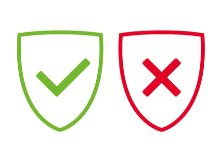 green and red shield with OK check mark and X cross icon symbol, vector illustrationのイラスト素材