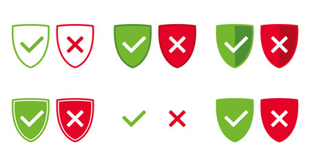 set of green and red shield with OK check mark and X cross icon symbol, vector illustration isolated on a white backgroundのイラスト素材