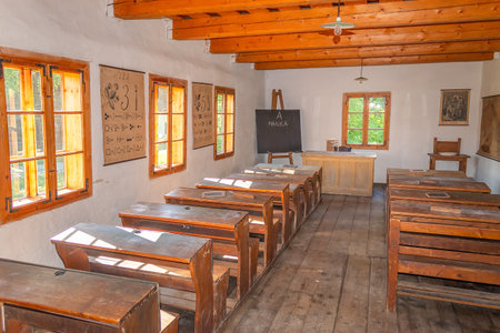 interior of a historic village elementary school classroom at Museum of the Slovak Village, Martin, Slovakiaのeditorial素材