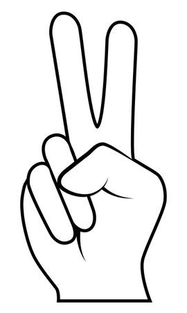 V sign hand gesture with two fingers raised for victory and peace symbol, black and white vector silhouette illustrationのイラスト素材