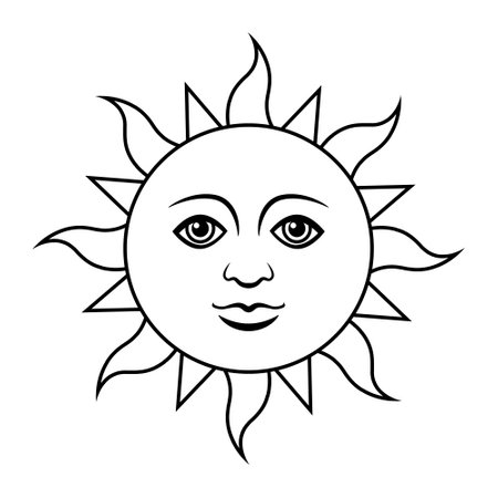 sun with face, black and white vector illustration isolated on whiteのイラスト素材