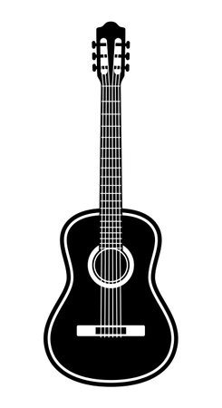 Acoustic guitar silhouette shape, black and white vector illustration of classical stringed musical instrumentのイラスト素材