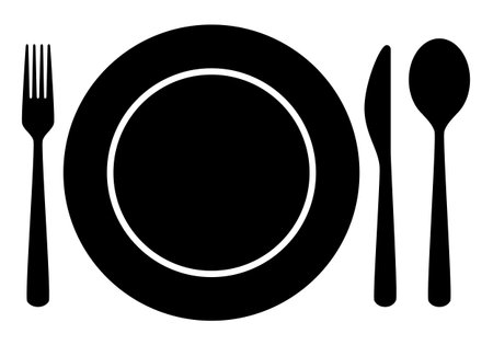 place setting cutlery - fork, knife, spoon and plate silhouette shape, black and white vector illustrationのイラスト素材