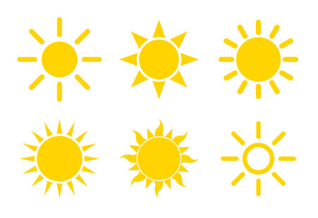 sun shape symbol, vector illustration of simple yellow star, icon setのイラスト素材