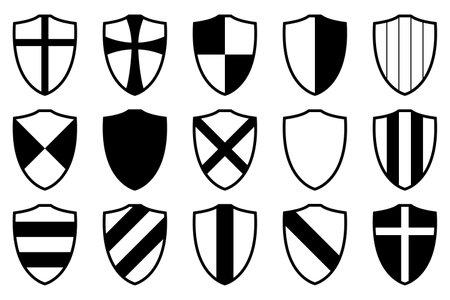 shield, black and white vector silhouette illustration of shields shape, isolated on white, icon setのイラスト素材