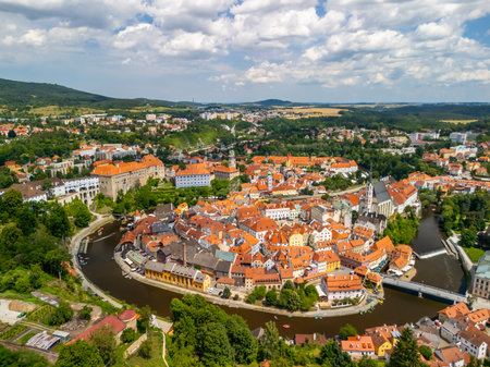 aerial view cityscape of historical city Cesky Krumlov castle, river Vltava, Czech republicの写真素材
