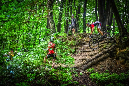 Lviv, Ukraine - August 17, 2016: MTB cyclist O. Kudryk competing in the forest near Lviv in Ukraine at 4th round of amateur xc cup of Ukraine 2016.のeditorial素材