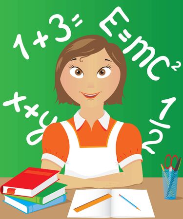 Schoolgirl sits at his deskのイラスト素材