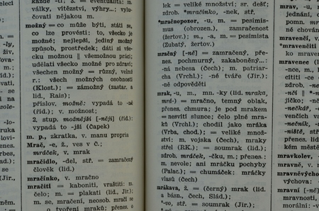 Unfolded Czech dictionary.  Closeup pages, vintage motive.