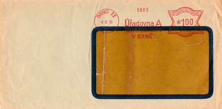 THE CZECHOSLOVAK REPUBLIC - DECEMBER 6, 1935: A vintage used envelope and stamp. Rich stain and paper details. Can be used as background.のeditorial素材