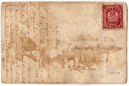 AUSTRIA-HUNGARY - CIRCA 1915:  Back of a vintage photo - postcard. Rich stain and paper details. Can be used as background. Image contains handwriting.のeditorial素材