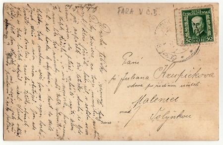 MALENICE (VOLARY),THE CZECHOSLOVAK REPUBLIC - CIRCA 1920s:  Back of a vintage photo - used postcard. Rich stain and paper details. Can be used as background.のeditorial素材