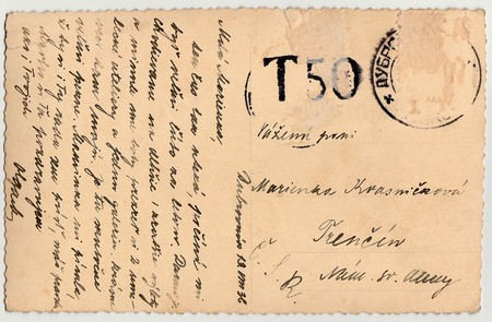 DUBROVNIK (RAGUSA), CROATIA - AUGUST 13, 1936: Back of a vintage photo - used postcard. Rich stain and paper details. Can be used as background. Image contains handwriting.のeditorial素材