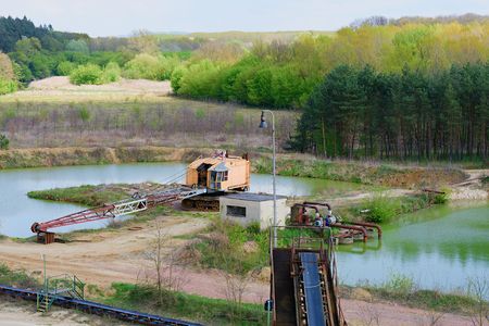 Sand quarry, conveyor belts and quarry crane. Construction industry. Horizontal  photo.の写真素材