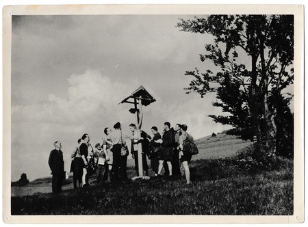 BESKYDY MOUNTAINS, THE CZECHOSLOVAK SOCIALIST REPUBLIC -  JUNE 3, 1957: Retro photo shows tourists...