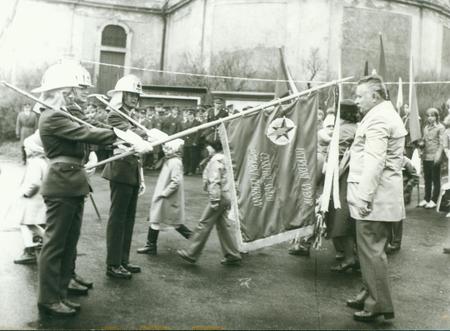 THE CZECHOSLOVAK SOCIALIST REPUBLIC - CIRCA 1980s: Retro photo shows firemen during country celebration. Vintage black & white photography.のeditorial素材