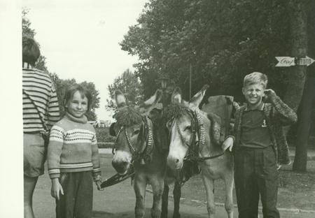 USSR - CIRCA 1970s: Retro photo shows children with donkeys in the park. Vintage black & white photography.のeditorial素材
