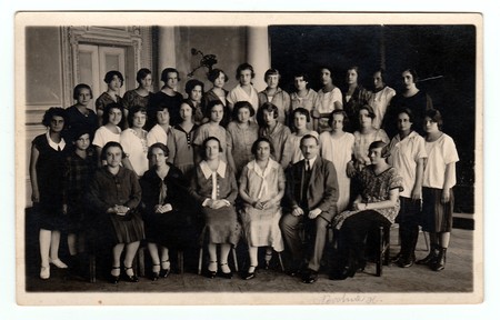 HODONIN, THE CZECHOSLOVAK REPUBLIC, CIRCA 1927: Vintage photo shows a group of girls (classmates) in...
