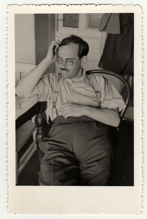 HODONIN, THE CZECHOSLOVAK REPUBLIC, CIRCA 1940: A vintage photo of a young man, circa 1940.のeditorial素材