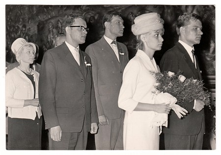 THE CZECHOSLOVAK SOCIALIST REPUBLIC, CIRCA 1965: A vintage photo shows wedding ceremony, circa 1965.のeditorial素材