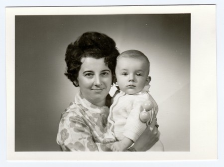 BRNO, THE CZECHOSLOVAK REPUBLIC, MARCH 10, 1972: Retro photo shows mother and her son. Portrait photo was taken in photo studio on March, 1972.のeditorial素材