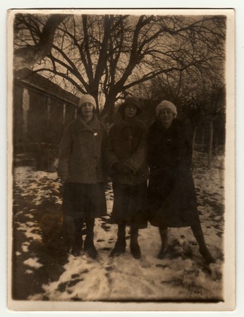 THE CZECHOSLOVAK REPUBLIC, CIRCA 1930s:  Vintage portrait photo shows girls in nature, circa 1930s.のeditorial素材